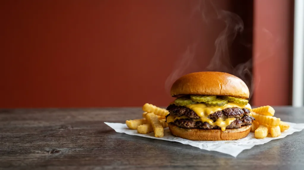 Double smash burger with melted cheese and crinkle-cut fries on butcher paper
