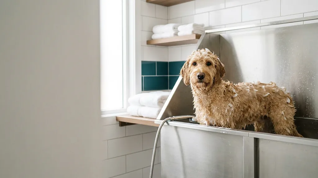 Wet groodle standing in a stainless steel tub at a bright modern dog wash